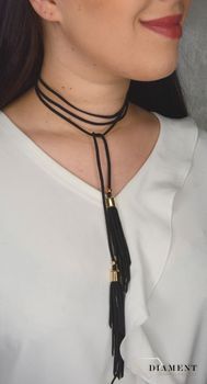 Naszyjnik choker czarny rzemyk z chwostami i złotymi dodatkami DIA-NSZ-0079-CZARNY. Ciekawy, oryginalny naszyjnik choker to dodatek idealny na lato. Choker to  (3).JPG